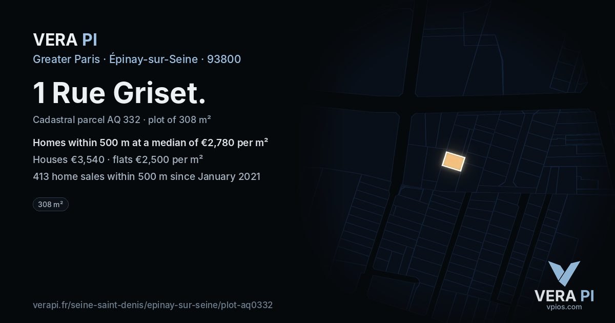1 Rue Griset, Épinay-sur-Seine at night – the plot lit, the parcels around coloured by the prices near them