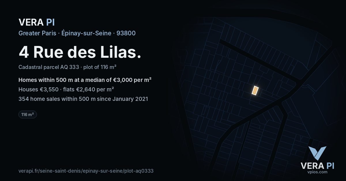 4 Rue des Lilas, Épinay-sur-Seine at night – the plot lit, the parcels around coloured by the prices near them