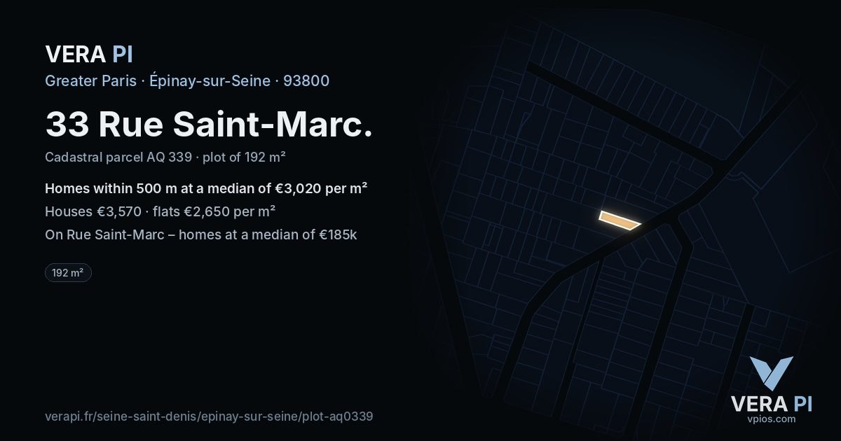 33 Rue Saint-Marc, Épinay-sur-Seine at night – the plot lit, the parcels around coloured by the prices near them