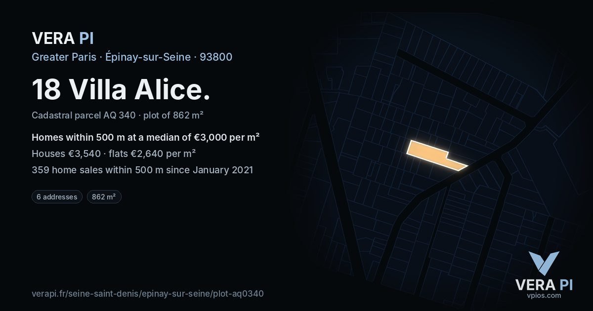 18 Villa Alice, Épinay-sur-Seine at night – the plot lit, the parcels around coloured by the prices near them
