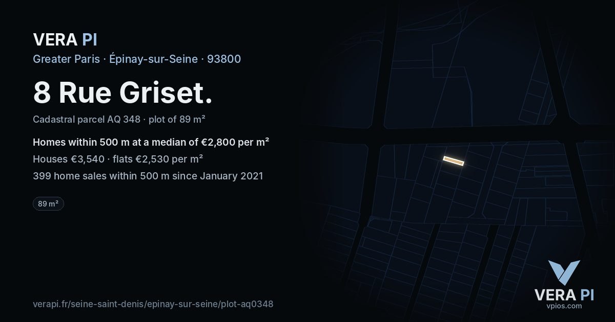 8 Rue Griset, Épinay-sur-Seine at night – the plot lit, the parcels around coloured by the prices near them
