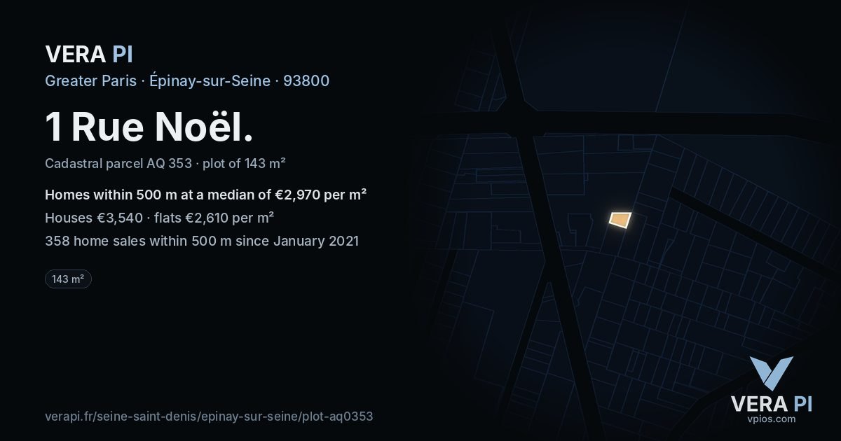 1 Rue Noël, Épinay-sur-Seine at night – the plot lit, the parcels around coloured by the prices near them