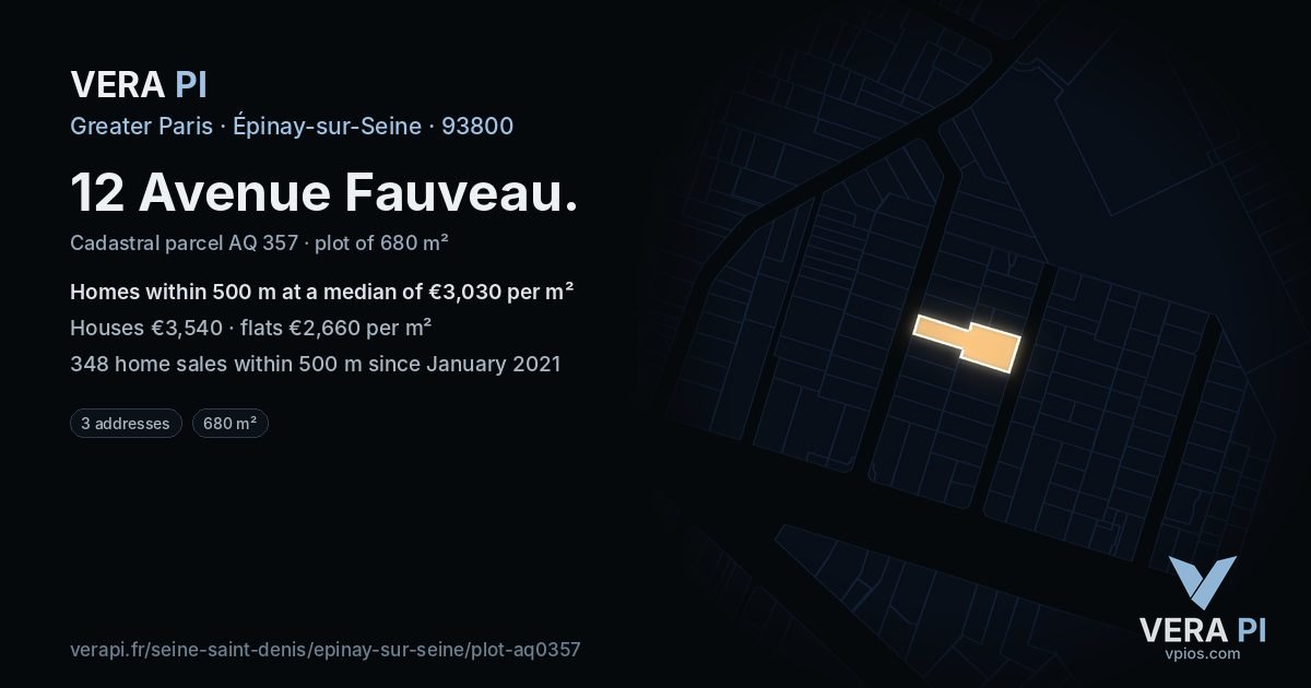12 Avenue Fauveau, Épinay-sur-Seine at night – the plot lit, the parcels around coloured by the prices near them