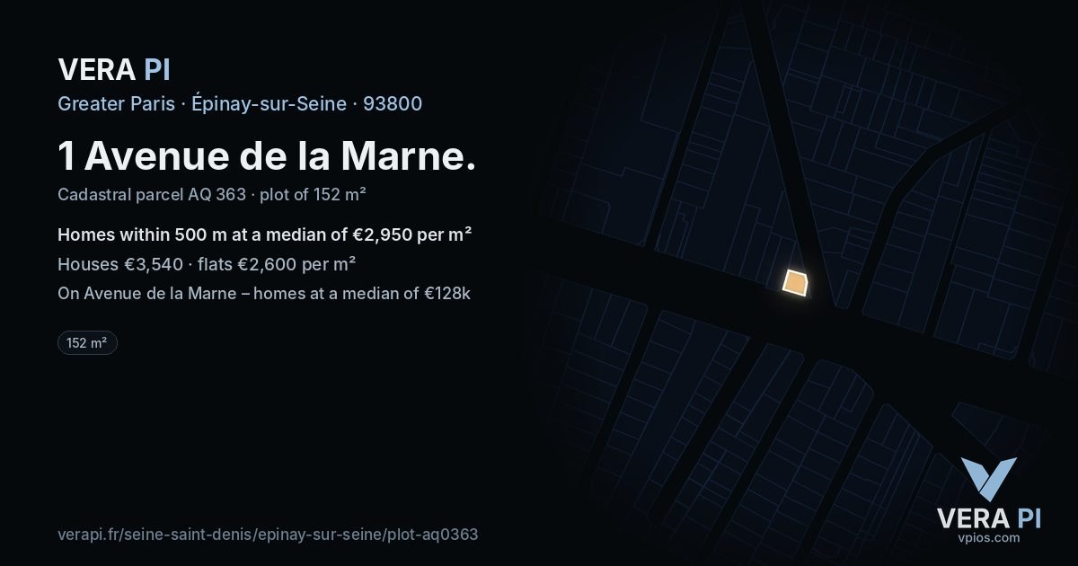 1 Avenue de la Marne, Épinay-sur-Seine at night – the plot lit, the parcels around coloured by the prices near them
