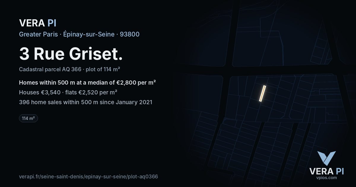 3 Rue Griset, Épinay-sur-Seine at night – the plot lit, the parcels around coloured by the prices near them