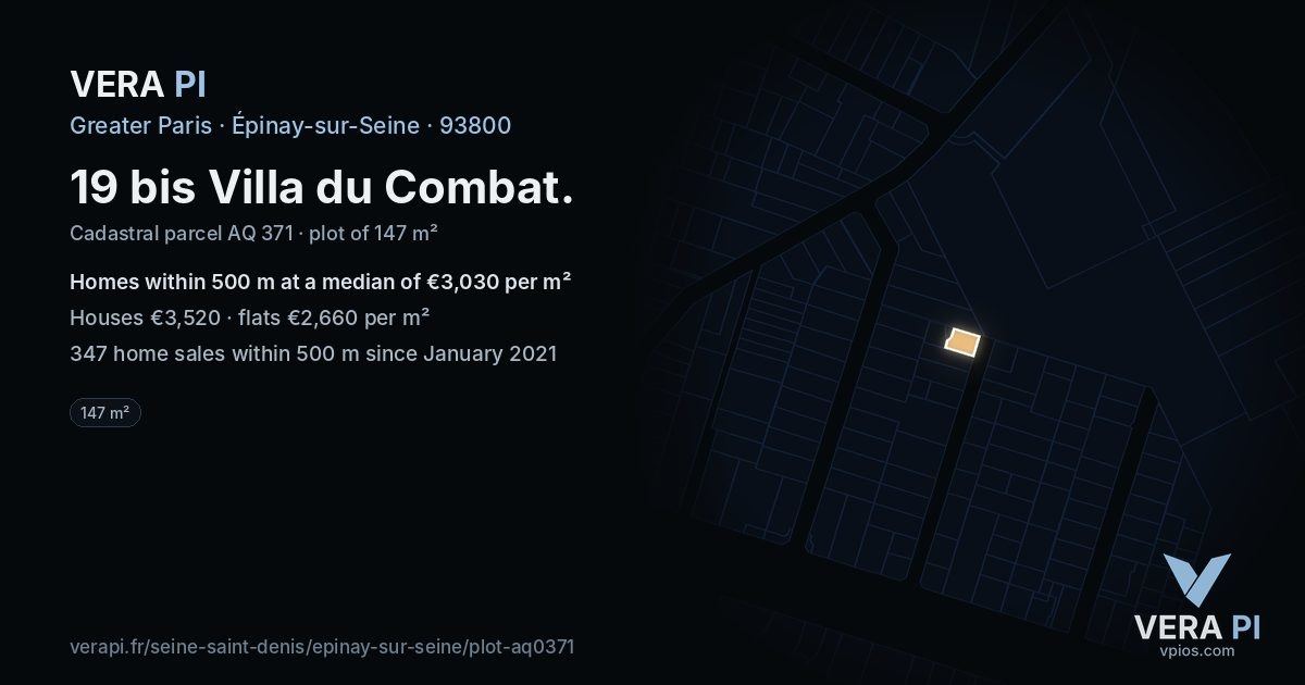 19 bis Villa du Combat, Épinay-sur-Seine at night – the plot lit, the parcels around coloured by the prices near them
