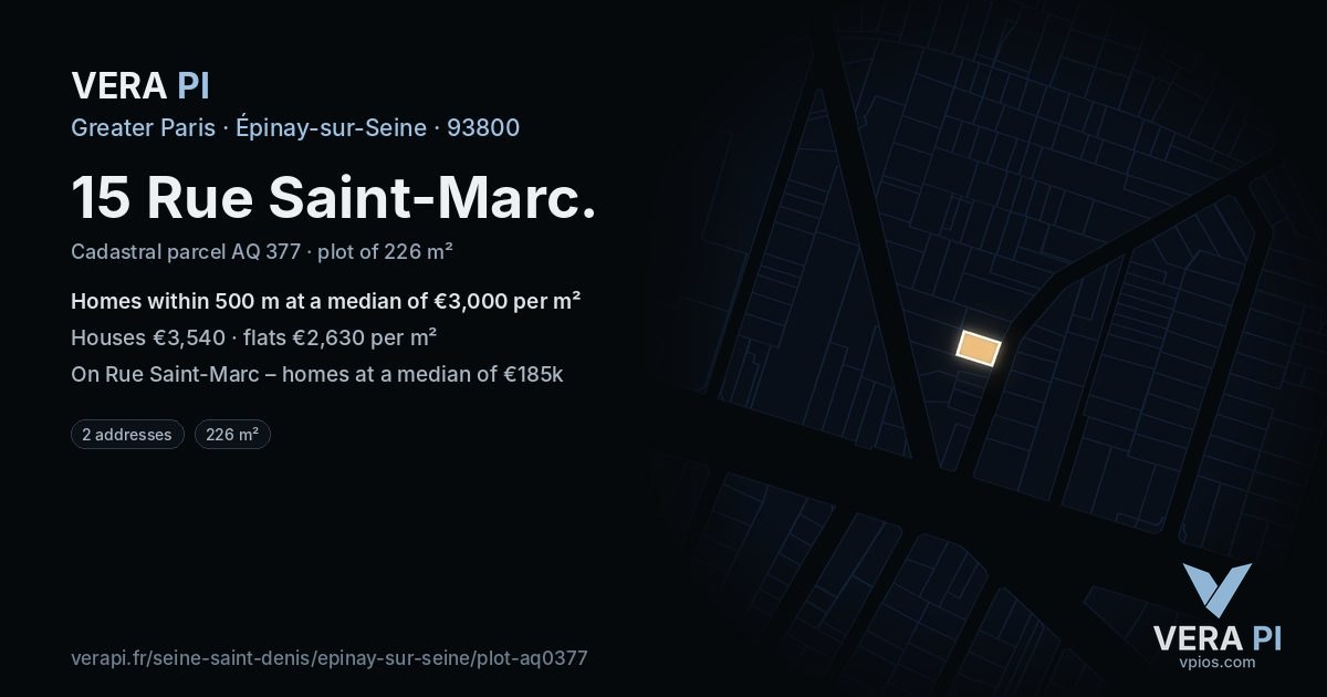 15 Rue Saint-Marc, Épinay-sur-Seine at night – the plot lit, the parcels around coloured by the prices near them