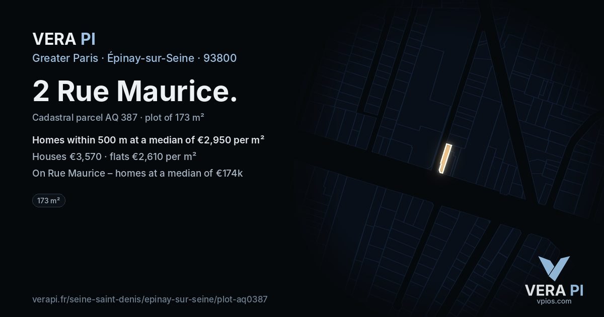 2 Rue Maurice, Épinay-sur-Seine at night – the plot lit, the parcels around coloured by the prices near them