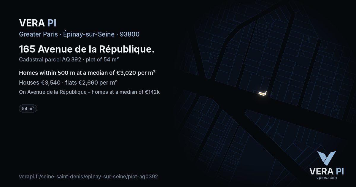 165 Avenue de la République, Épinay-sur-Seine at night – the plot lit, the parcels around coloured by the prices near them