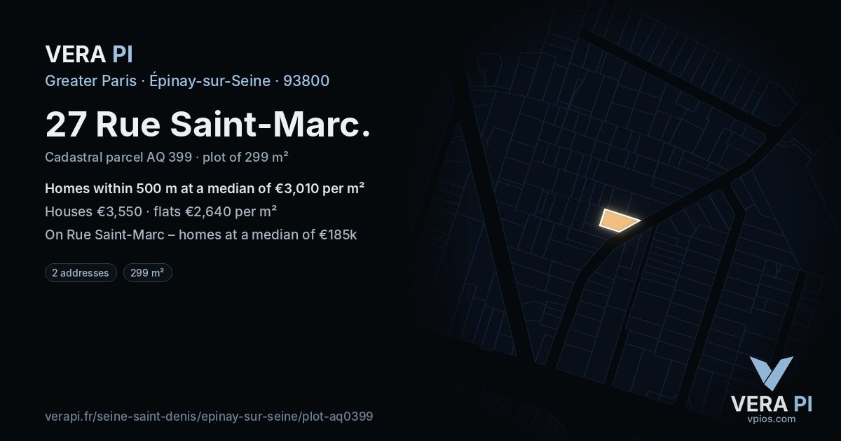 27 Rue Saint-Marc, Épinay-sur-Seine at night – the plot lit, the parcels around coloured by the prices near them