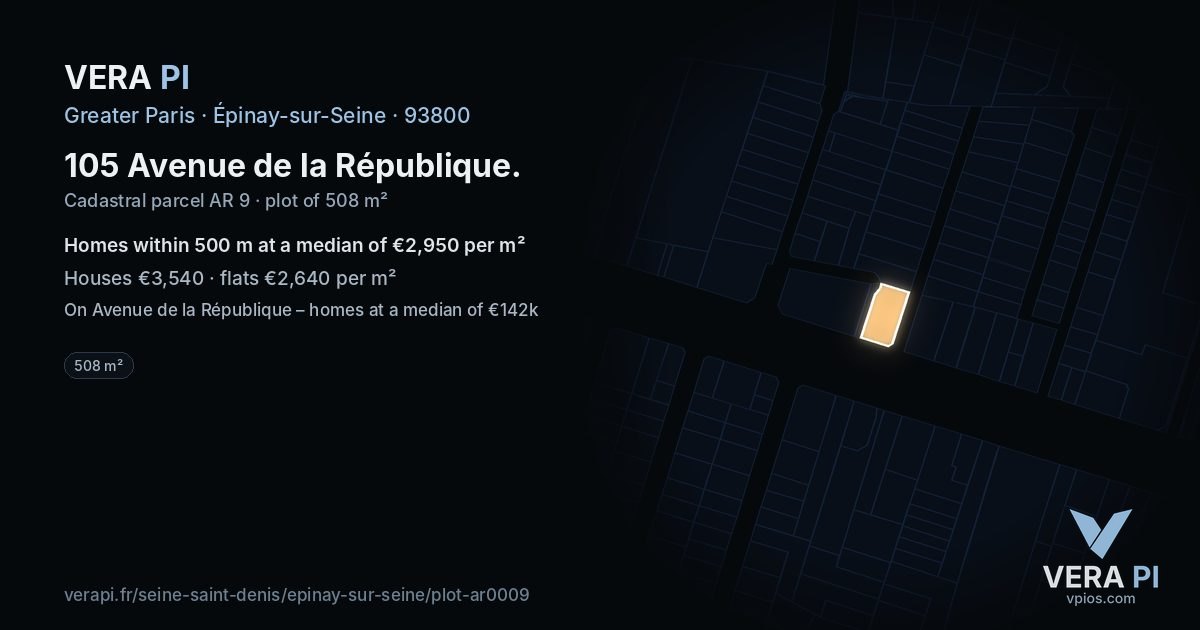 105 Avenue de la République, Épinay-sur-Seine at night – the plot lit, the parcels around coloured by the prices near them