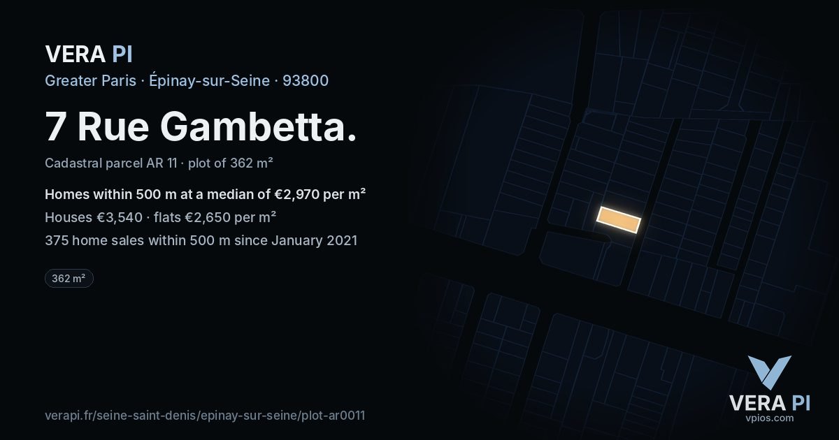7 Rue Gambetta, Épinay-sur-Seine at night – the plot lit, the parcels around coloured by the prices near them