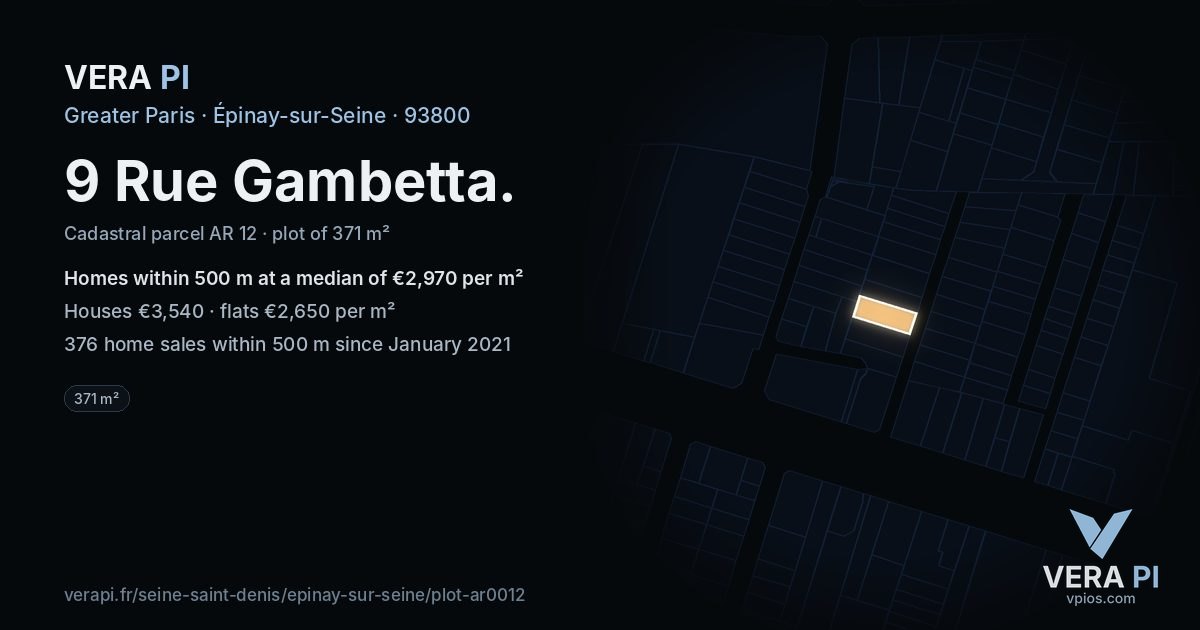 9 Rue Gambetta, Épinay-sur-Seine at night – the plot lit, the parcels around coloured by the prices near them