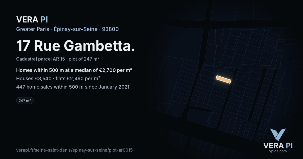 17 Rue Gambetta, Épinay-sur-Seine at night – the plot lit, the parcels around coloured by the prices near them