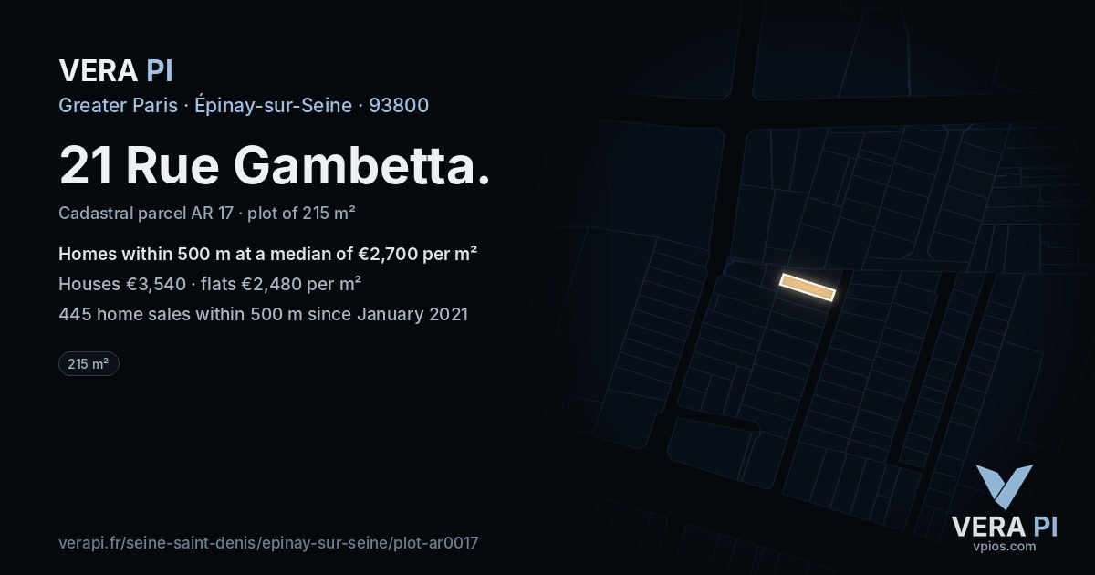 21 Rue Gambetta, Épinay-sur-Seine at night – the plot lit, the parcels around coloured by the prices near them