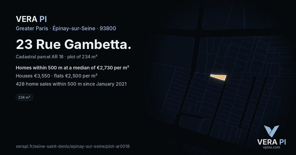 23 Rue Gambetta, Épinay-sur-Seine at night – the plot lit, the parcels around coloured by the prices near them