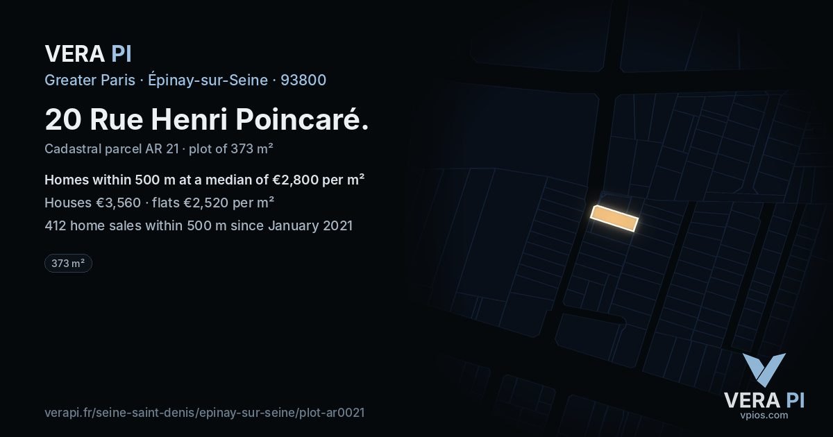 20 Rue Henri Poincaré, Épinay-sur-Seine at night – the plot lit, the parcels around coloured by the prices near them