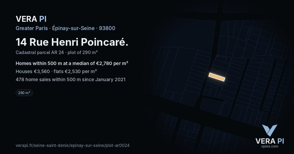 14 Rue Henri Poincaré, Épinay-sur-Seine at night – the plot lit, the parcels around coloured by the prices near them