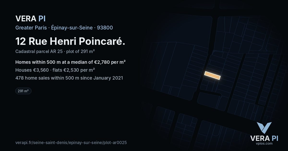 12 Rue Henri Poincaré, Épinay-sur-Seine at night – the plot lit, the parcels around coloured by the prices near them