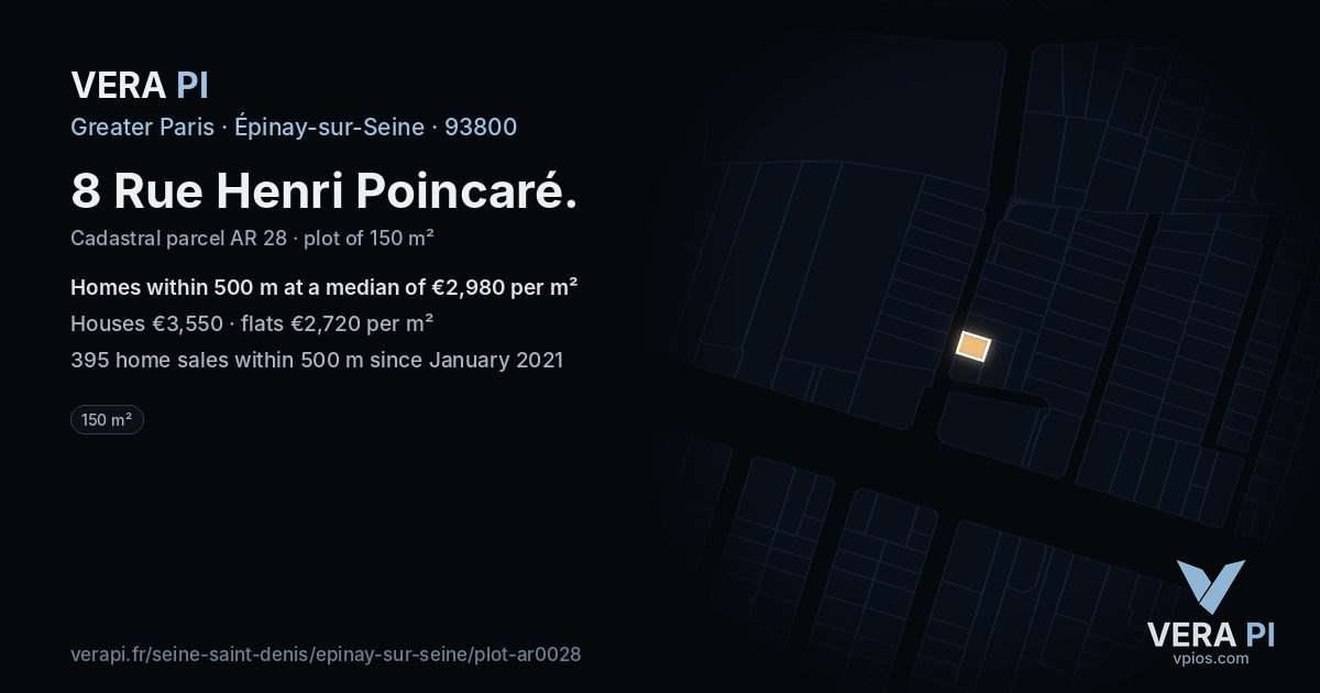 8 Rue Henri Poincaré, Épinay-sur-Seine at night – the plot lit, the parcels around coloured by the prices near them