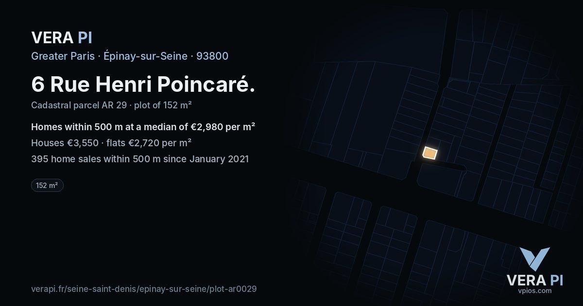 6 Rue Henri Poincaré, Épinay-sur-Seine at night – the plot lit, the parcels around coloured by the prices near them