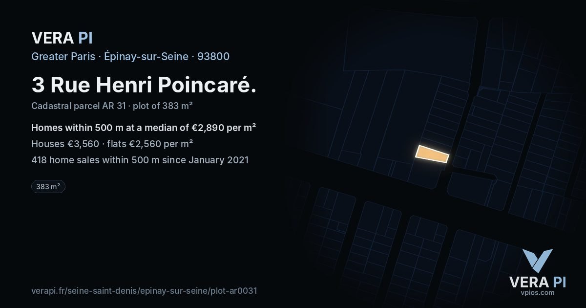3 Rue Henri Poincaré, Épinay-sur-Seine at night – the plot lit, the parcels around coloured by the prices near them
