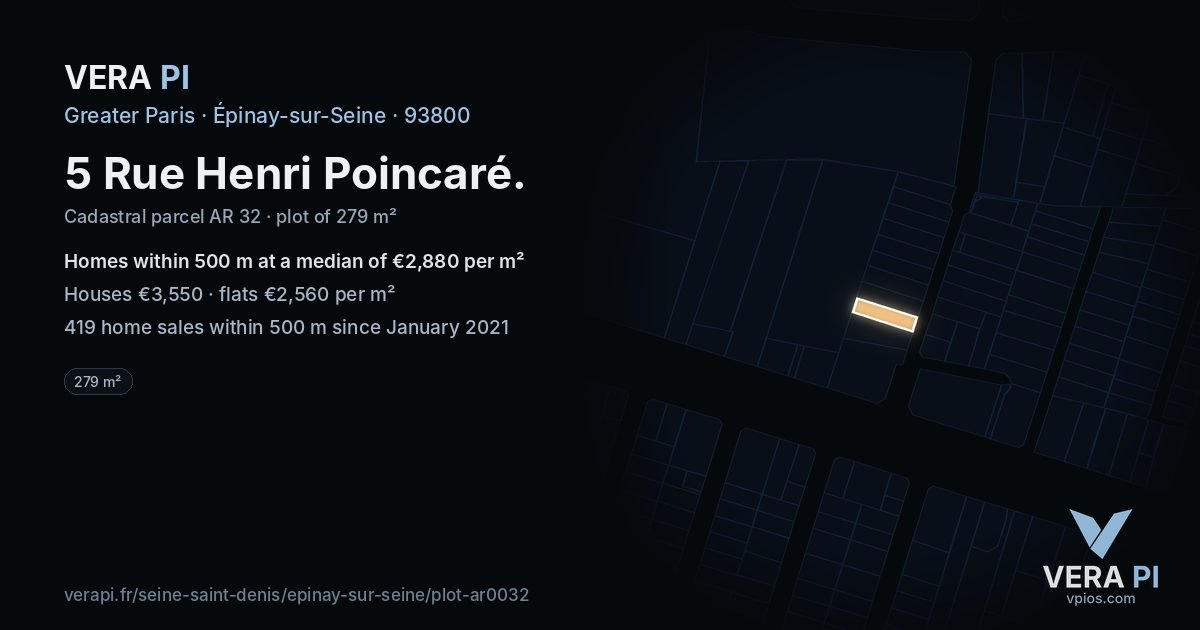 5 Rue Henri Poincaré, Épinay-sur-Seine at night – the plot lit, the parcels around coloured by the prices near them
