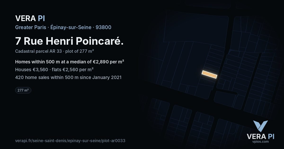 7 Rue Henri Poincaré, Épinay-sur-Seine at night – the plot lit, the parcels around coloured by the prices near them