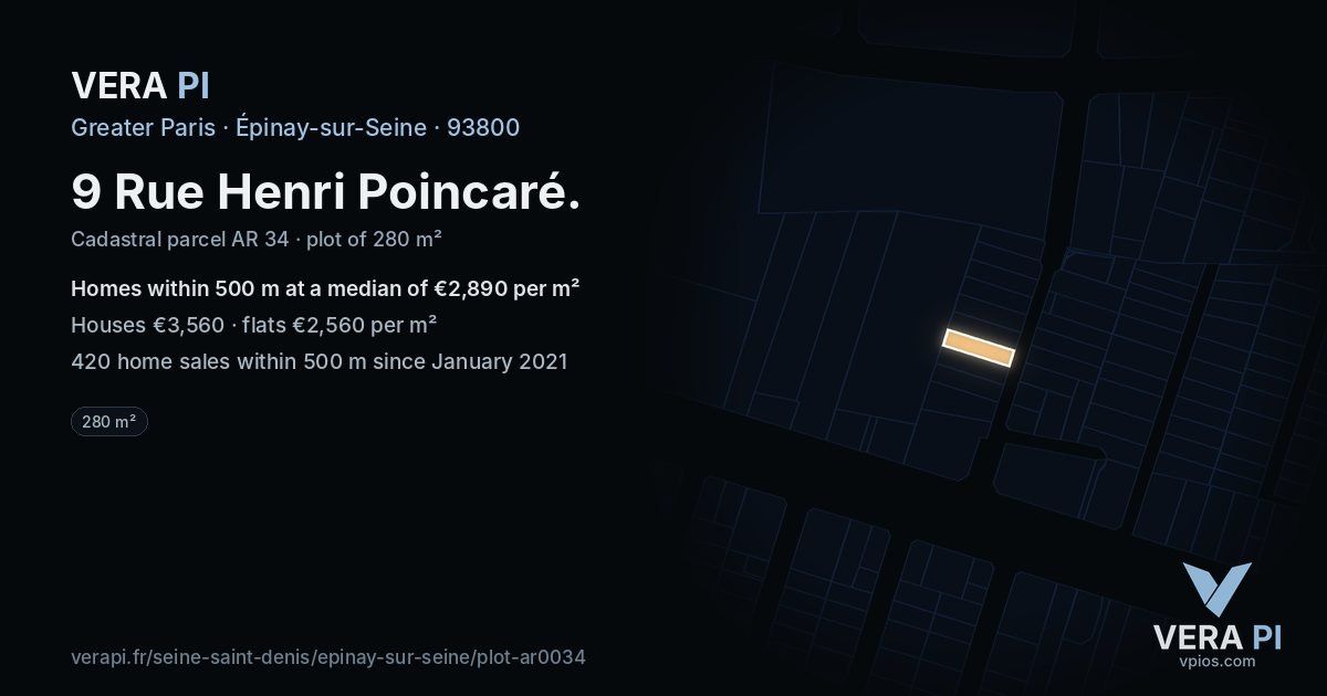 9 Rue Henri Poincaré, Épinay-sur-Seine at night – the plot lit, the parcels around coloured by the prices near them