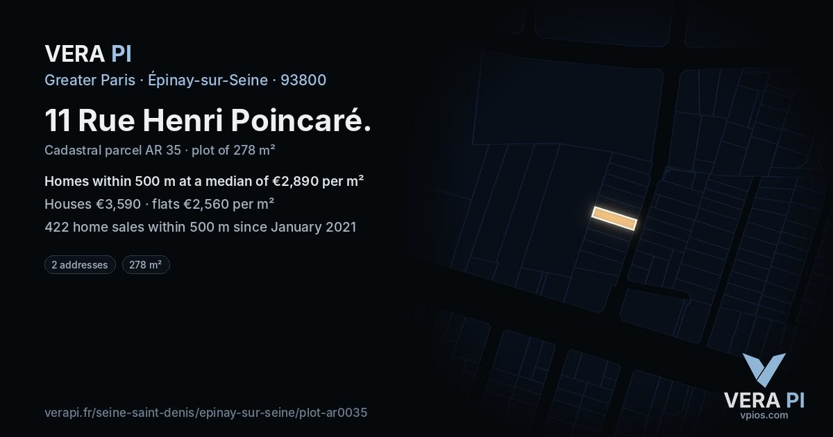 11 Rue Henri Poincaré, Épinay-sur-Seine at night – the plot lit, the parcels around coloured by the prices near them