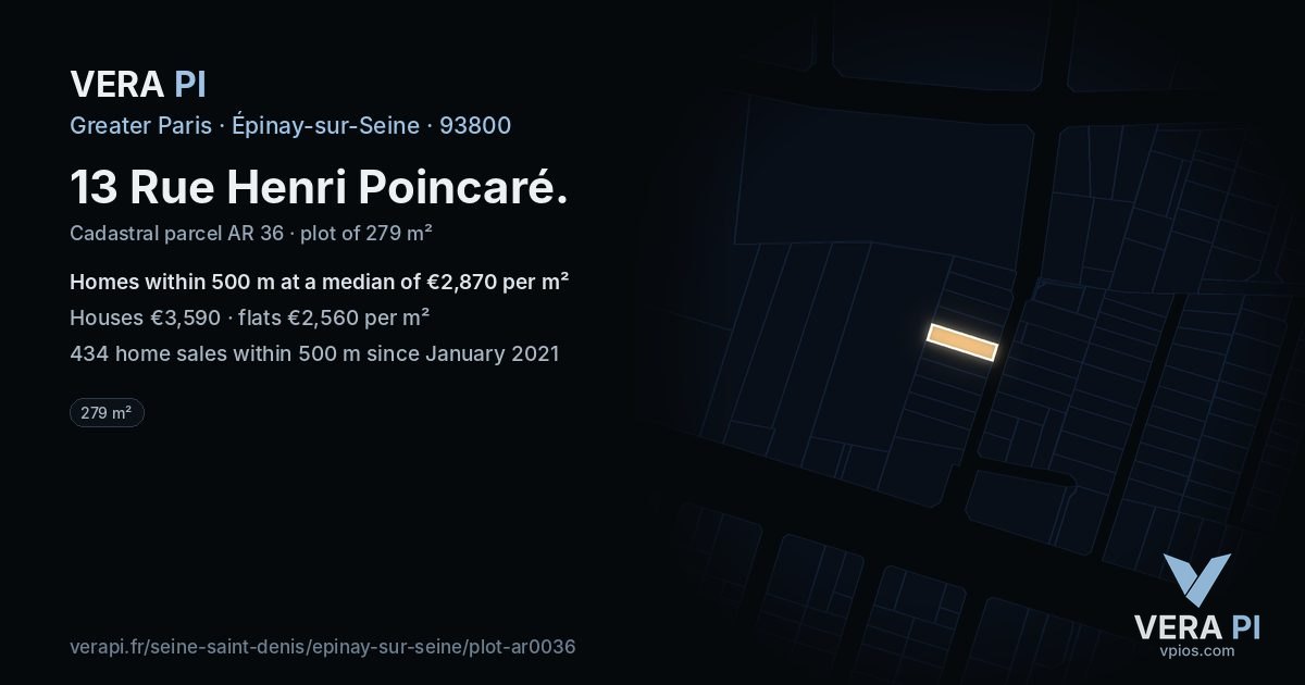 13 Rue Henri Poincaré, Épinay-sur-Seine at night – the plot lit, the parcels around coloured by the prices near them