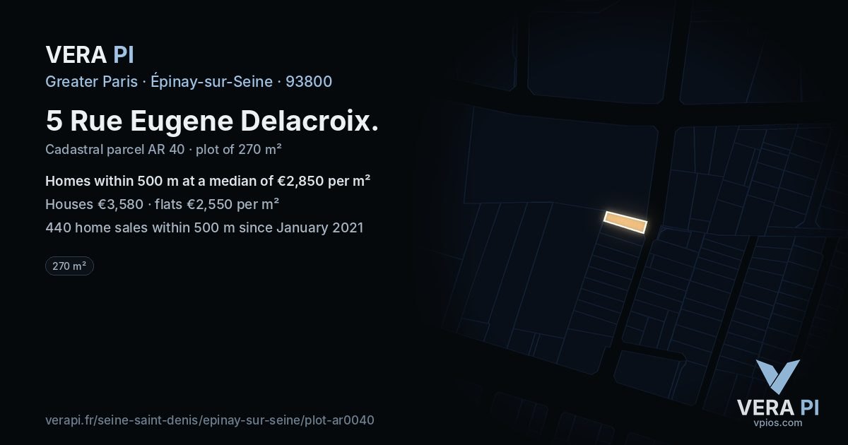 5 Rue Eugene Delacroix, Épinay-sur-Seine at night – the plot lit, the parcels around coloured by the prices near them