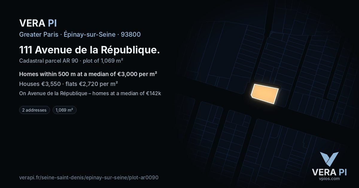 111 Avenue de la République, Épinay-sur-Seine at night – the plot lit, the parcels around coloured by the prices near them