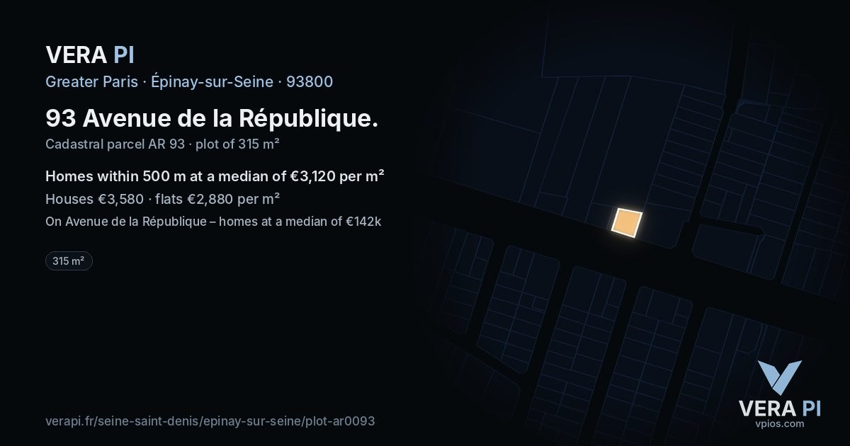 93 Avenue de la République, Épinay-sur-Seine at night – the plot lit, the parcels around coloured by the prices near them