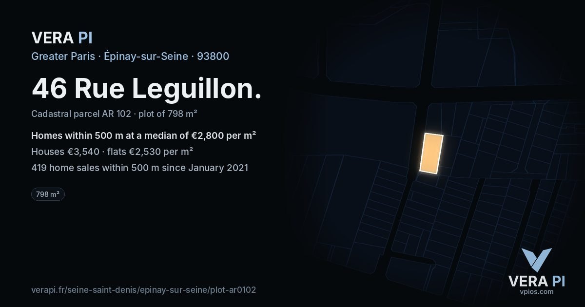 46 Rue Leguillon, Épinay-sur-Seine at night – the plot lit, the parcels around coloured by the prices near them