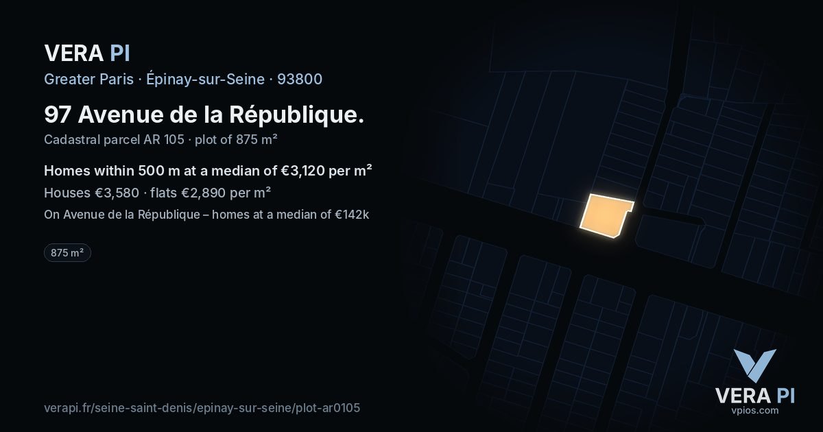 97 Avenue de la République, Épinay-sur-Seine at night – the plot lit, the parcels around coloured by the prices near them
