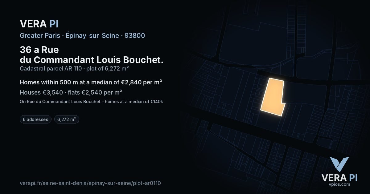 36 a Rue du Commandant Louis Bouchet, Épinay-sur-Seine at night – the plot lit, the parcels around coloured by the prices near them