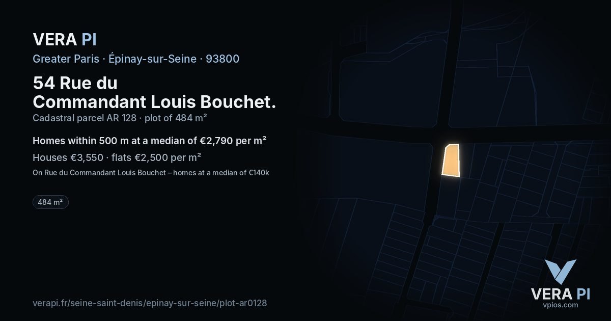 54 Rue du Commandant Louis Bouchet, Épinay-sur-Seine at night – the plot lit, the parcels around coloured by the prices near them