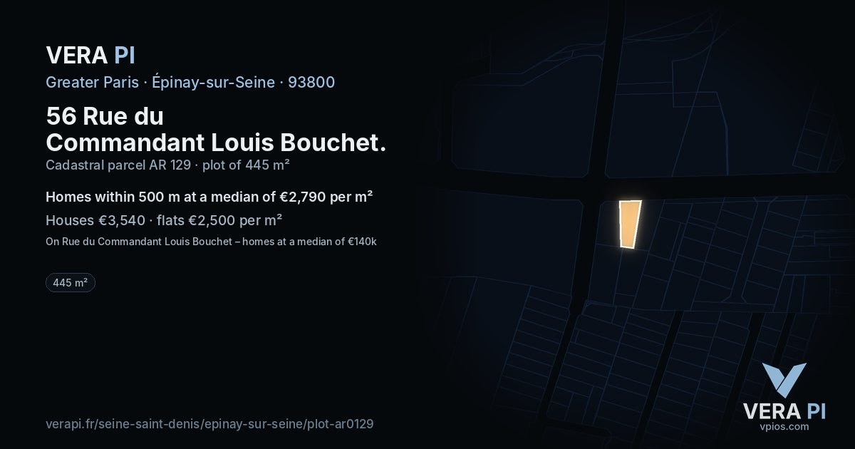 56 Rue du Commandant Louis Bouchet, Épinay-sur-Seine at night – the plot lit, the parcels around coloured by the prices near them