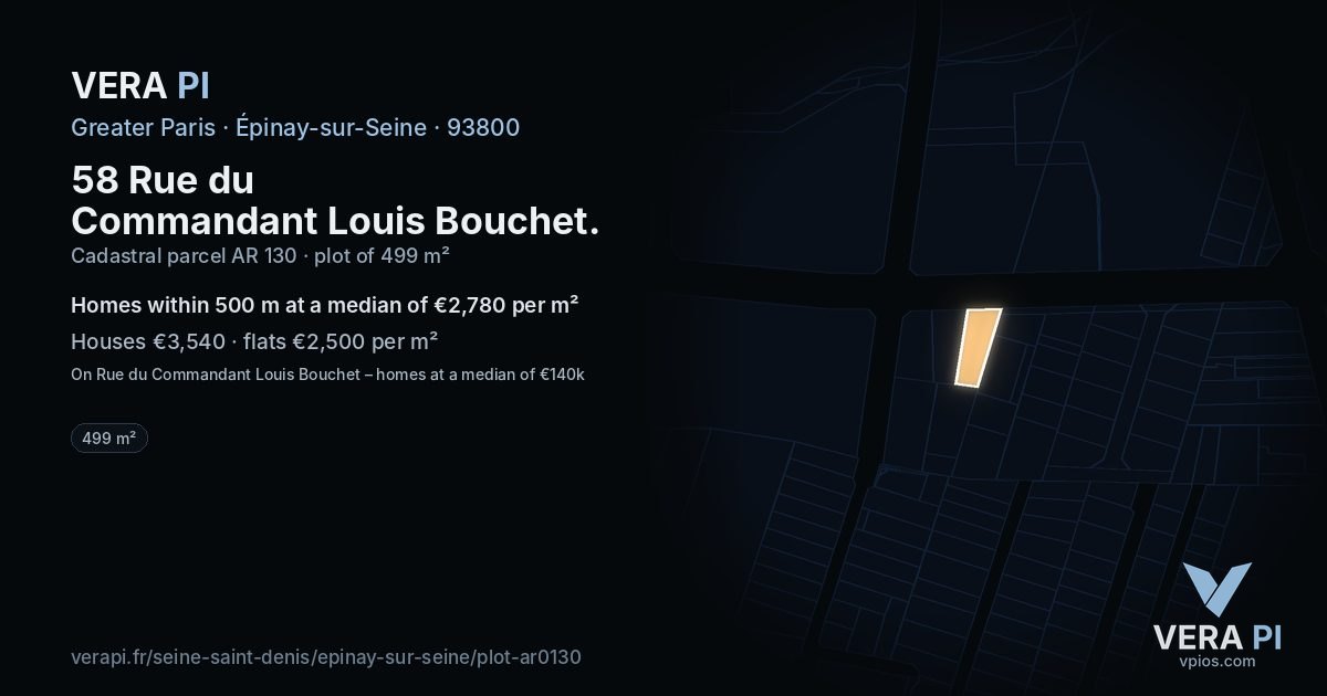 58 Rue du Commandant Louis Bouchet, Épinay-sur-Seine at night – the plot lit, the parcels around coloured by the prices near them