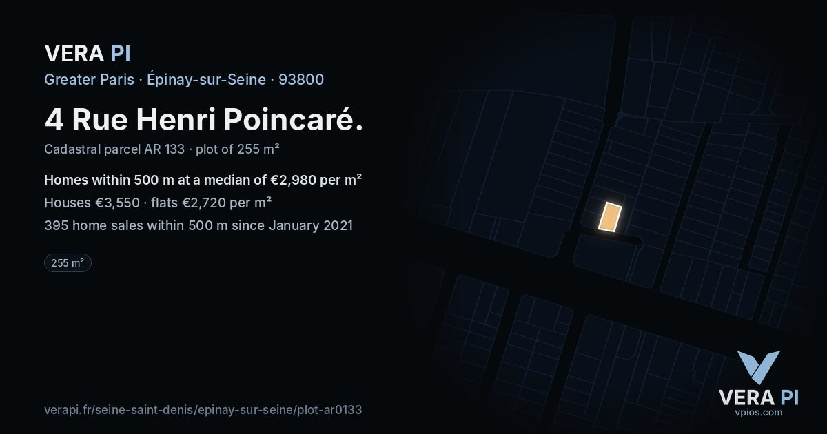 4 Rue Henri Poincaré, Épinay-sur-Seine at night – the plot lit, the parcels around coloured by the prices near them