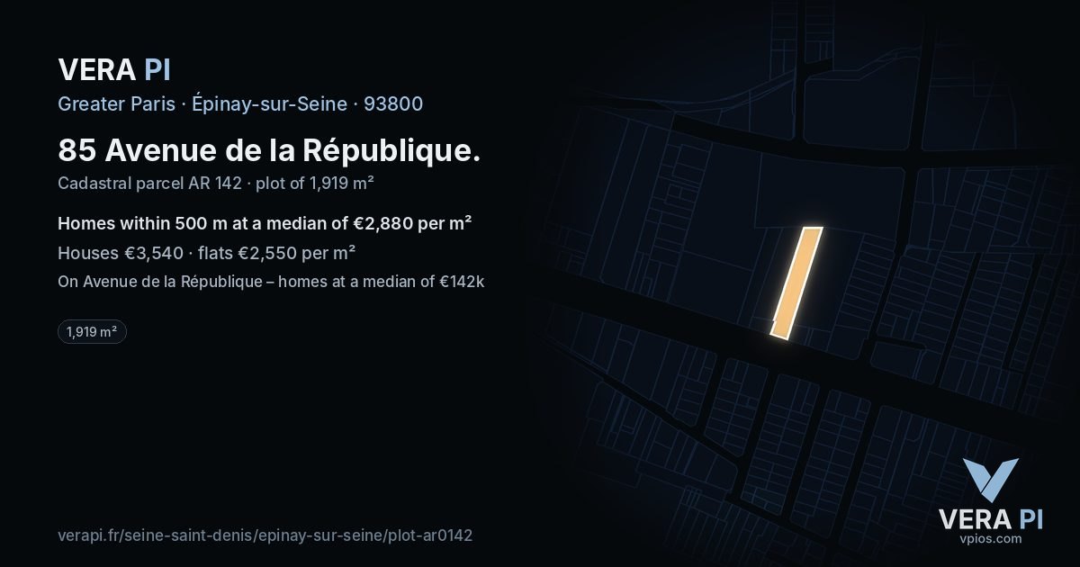 85 Avenue de la République, Épinay-sur-Seine at night – the plot lit, the parcels around coloured by the prices near them