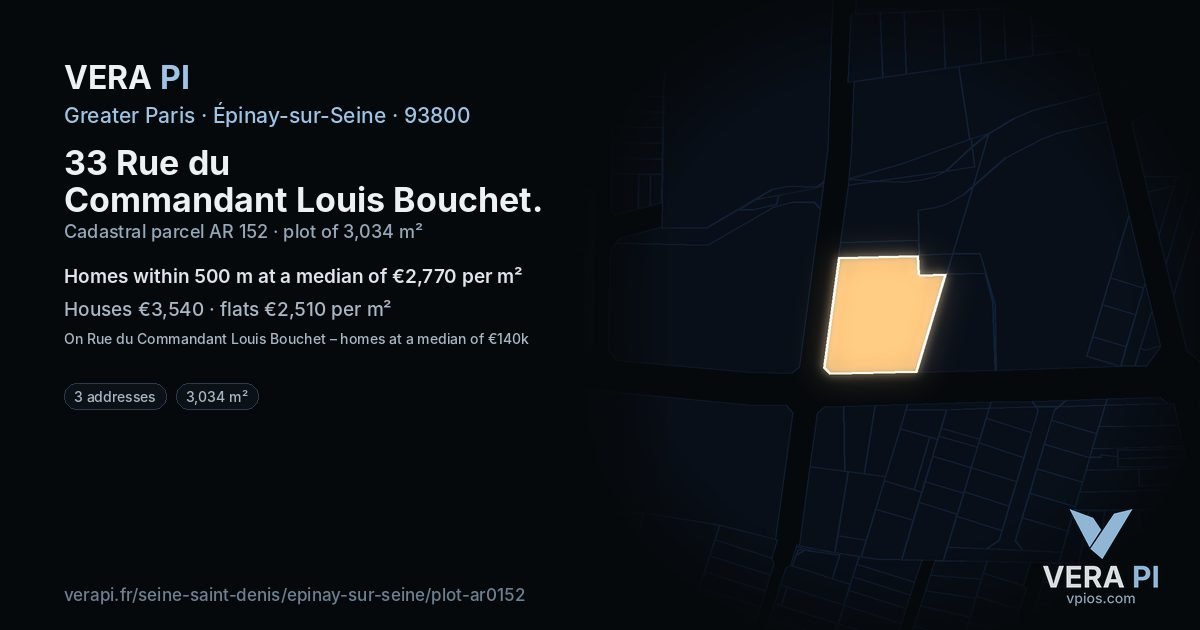33 Rue du Commandant Louis Bouchet, Épinay-sur-Seine at night – the plot lit, the parcels around coloured by the prices near them