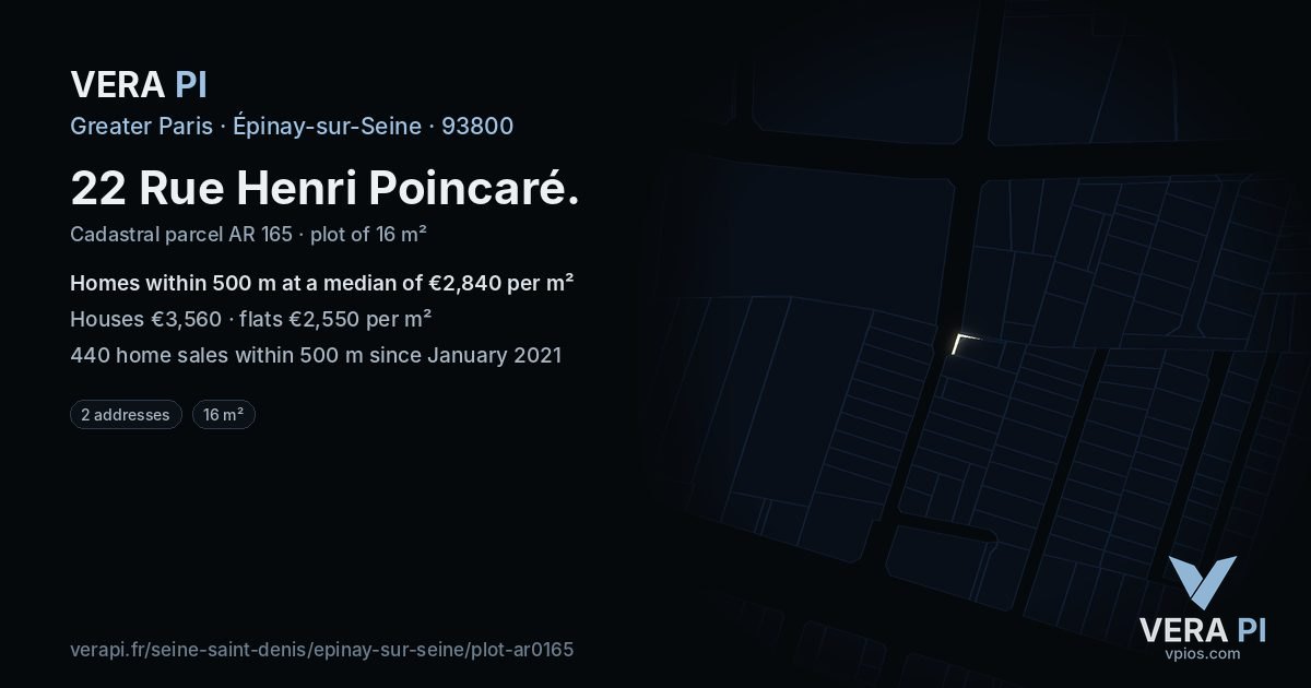 22 Rue Henri Poincaré, Épinay-sur-Seine at night – the plot lit, the parcels around coloured by the prices near them