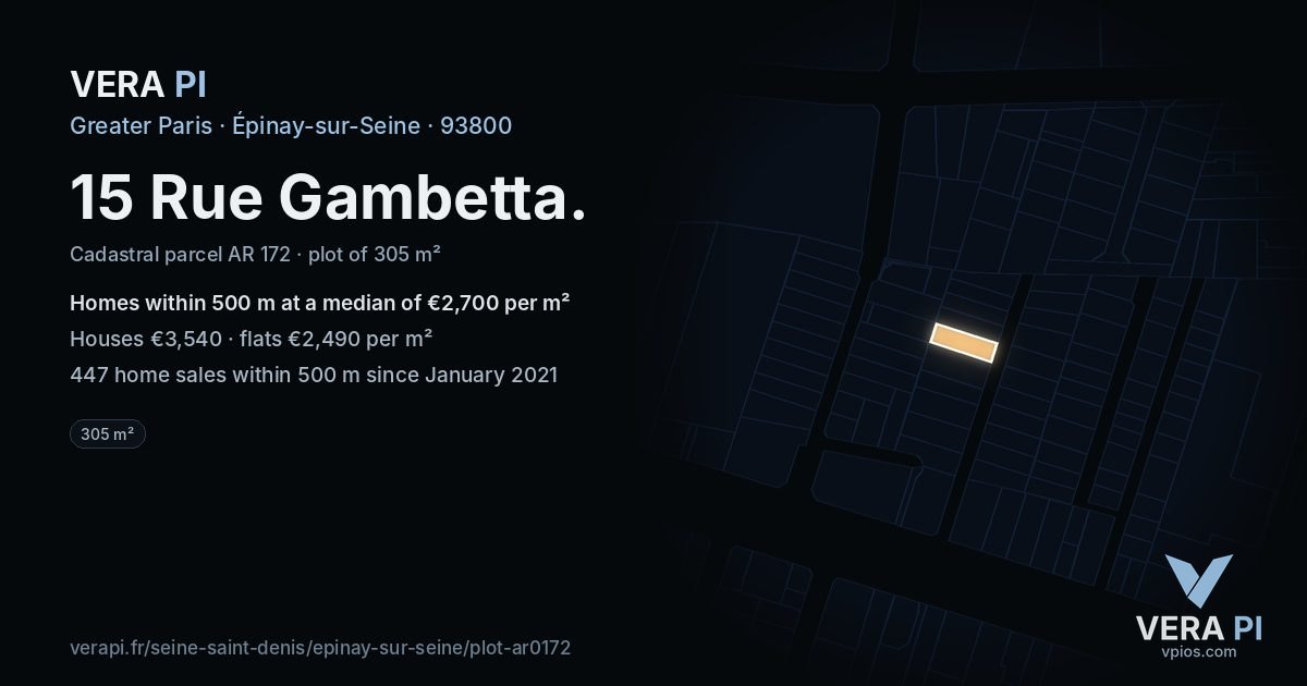 15 Rue Gambetta, Épinay-sur-Seine at night – the plot lit, the parcels around coloured by the prices near them