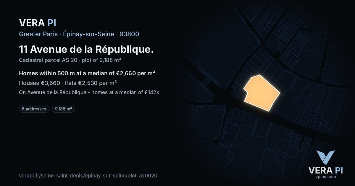 11 Avenue de la République, Épinay-sur-Seine at night – the plot lit, the parcels around coloured by the prices near them