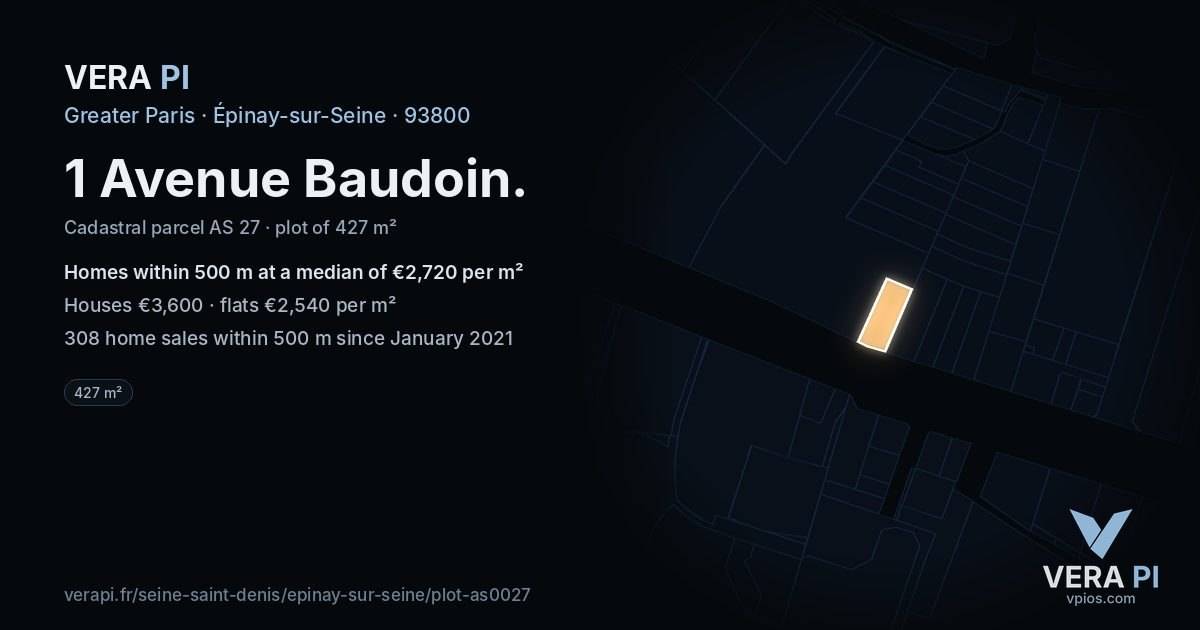 1 Avenue Baudoin, Épinay-sur-Seine at night – the plot lit, the parcels around coloured by the prices near them
