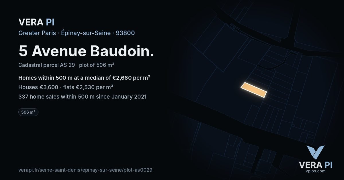 5 Avenue Baudoin, Épinay-sur-Seine at night – the plot lit, the parcels around coloured by the prices near them