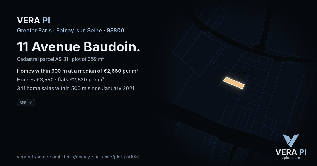 11 Avenue Baudoin, Épinay-sur-Seine at night – the plot lit, the parcels around coloured by the prices near them