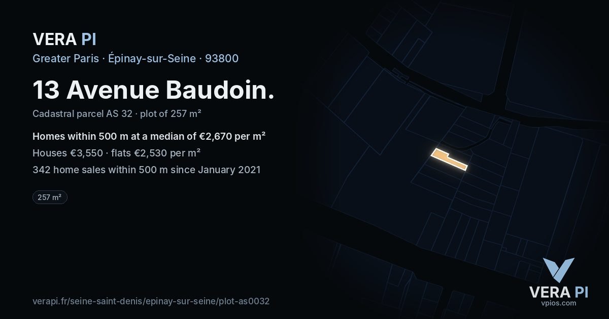 13 Avenue Baudoin, Épinay-sur-Seine at night – the plot lit, the parcels around coloured by the prices near them